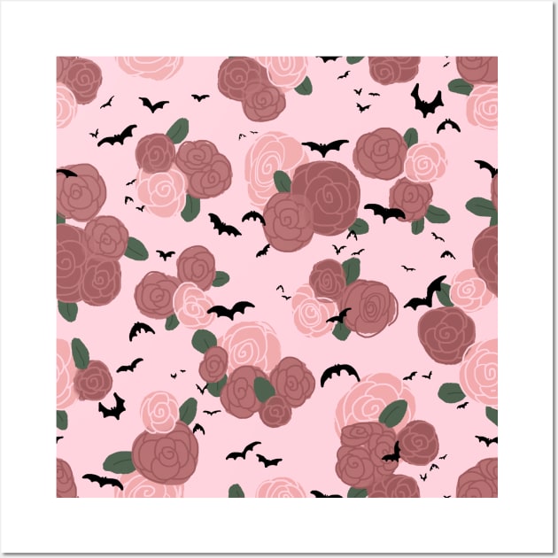 Bats on Pink with Rose Flowers Wall Art by TooCoolUnicorn